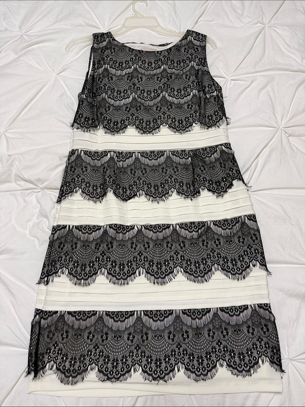 Dress Barn Black Lace Overlay with Cream Stripes Mini Dress